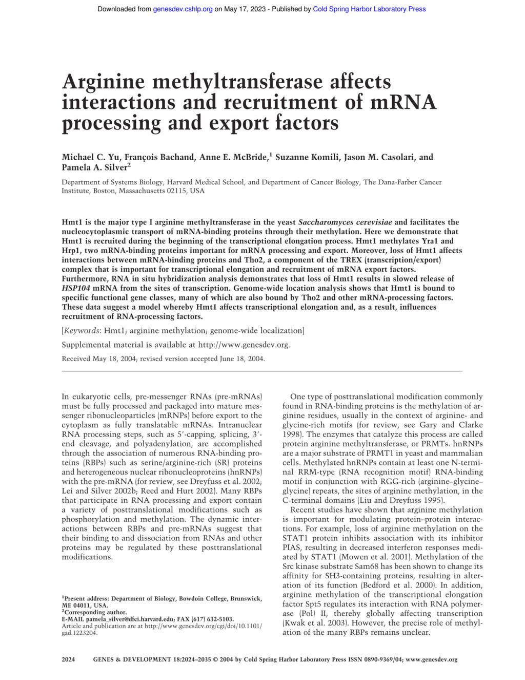 Miniature of Arginine methyltransferase affects interactions and recruitment of mRNA processing and export factors