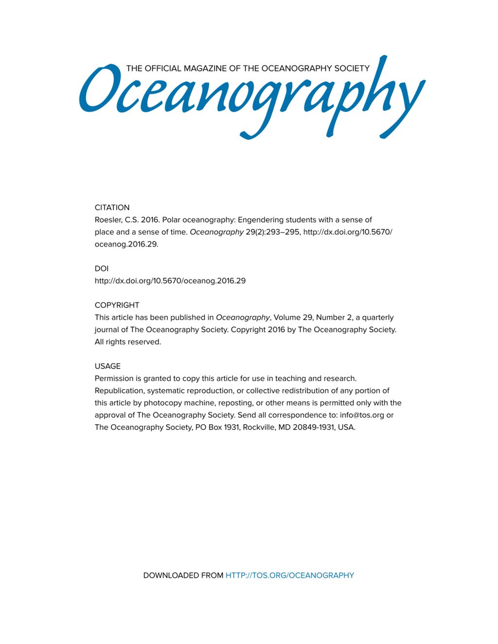 Miniature of Polar oceanography: Engendering students with a sense of place and a sense of time