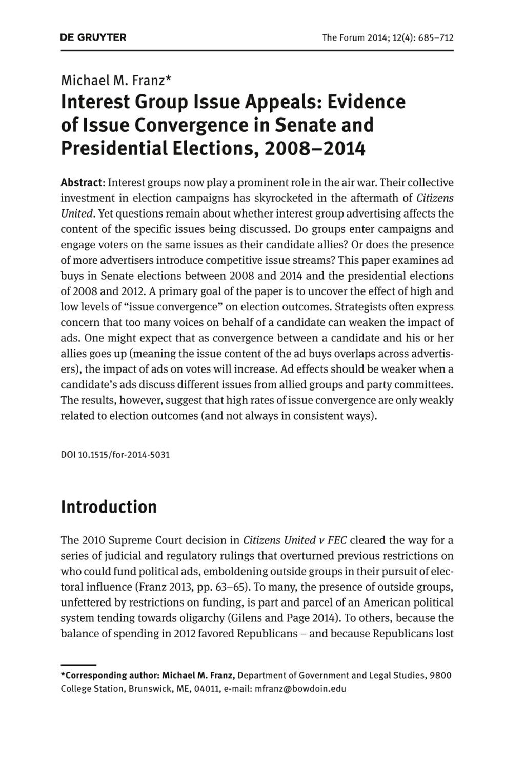 Miniature of Interest group issue appeals: Evidence of issue convergence in senate and presidential elections, 2008-2014