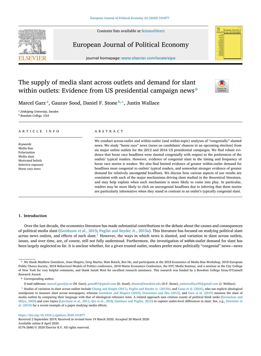 Miniature of The supply of media slant across outlets and demand for slant within outlets: Evidence from US presidential campaign news