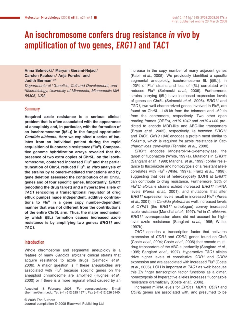 Miniature of An isochromosome confers drug resistance in vivo by amplification of two genes, ERG11 and TAC1