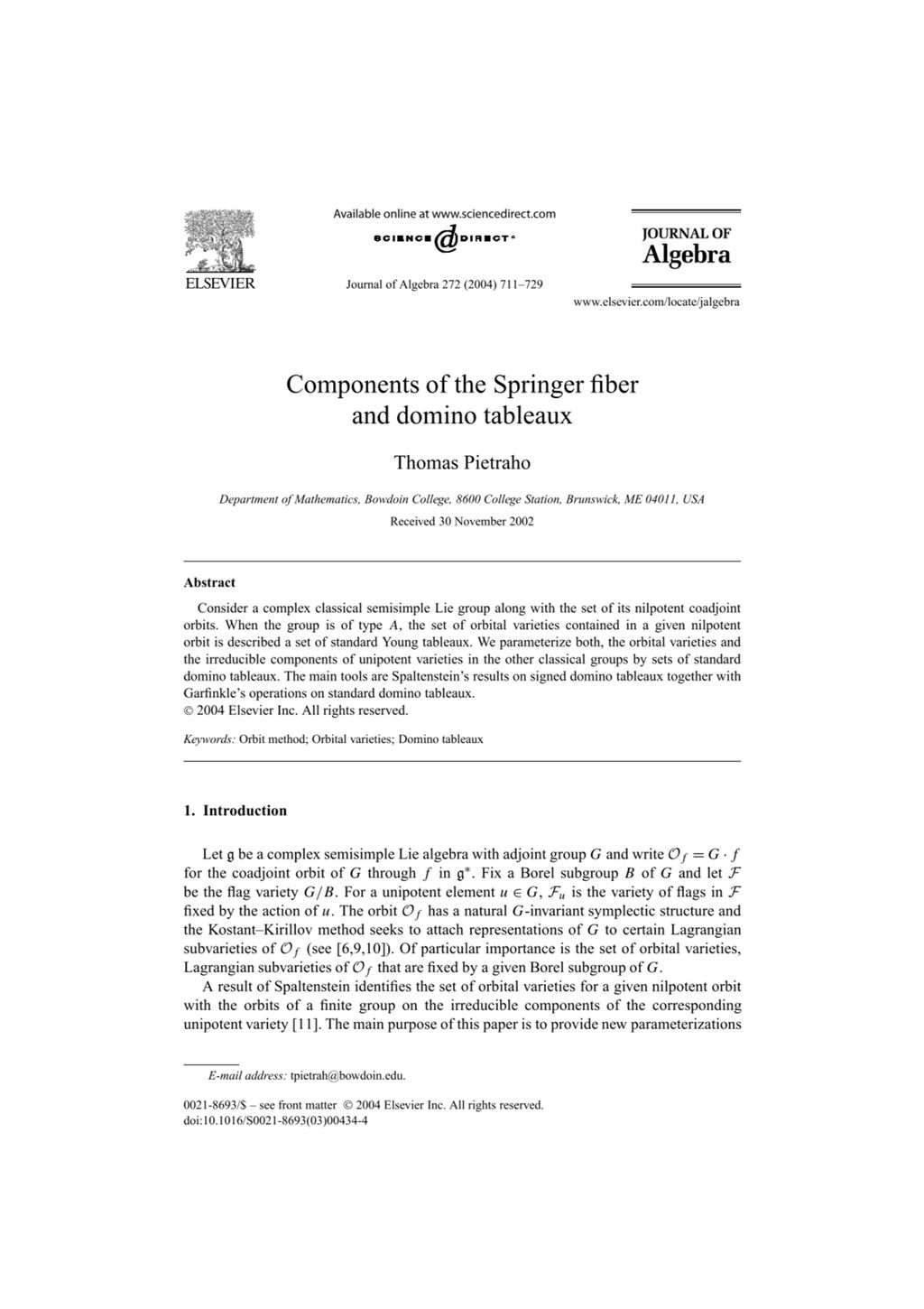 Miniature of Components of the Springer fiber and domino tableaux