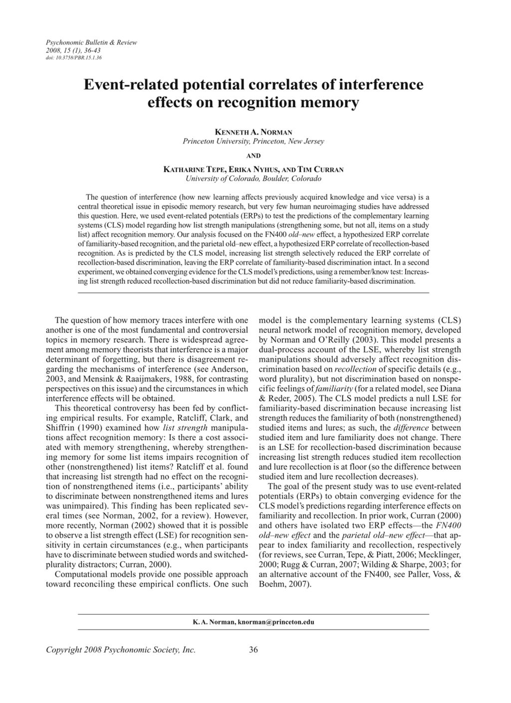 Miniature of Event-related potential correlates of interference effects on recognition memory