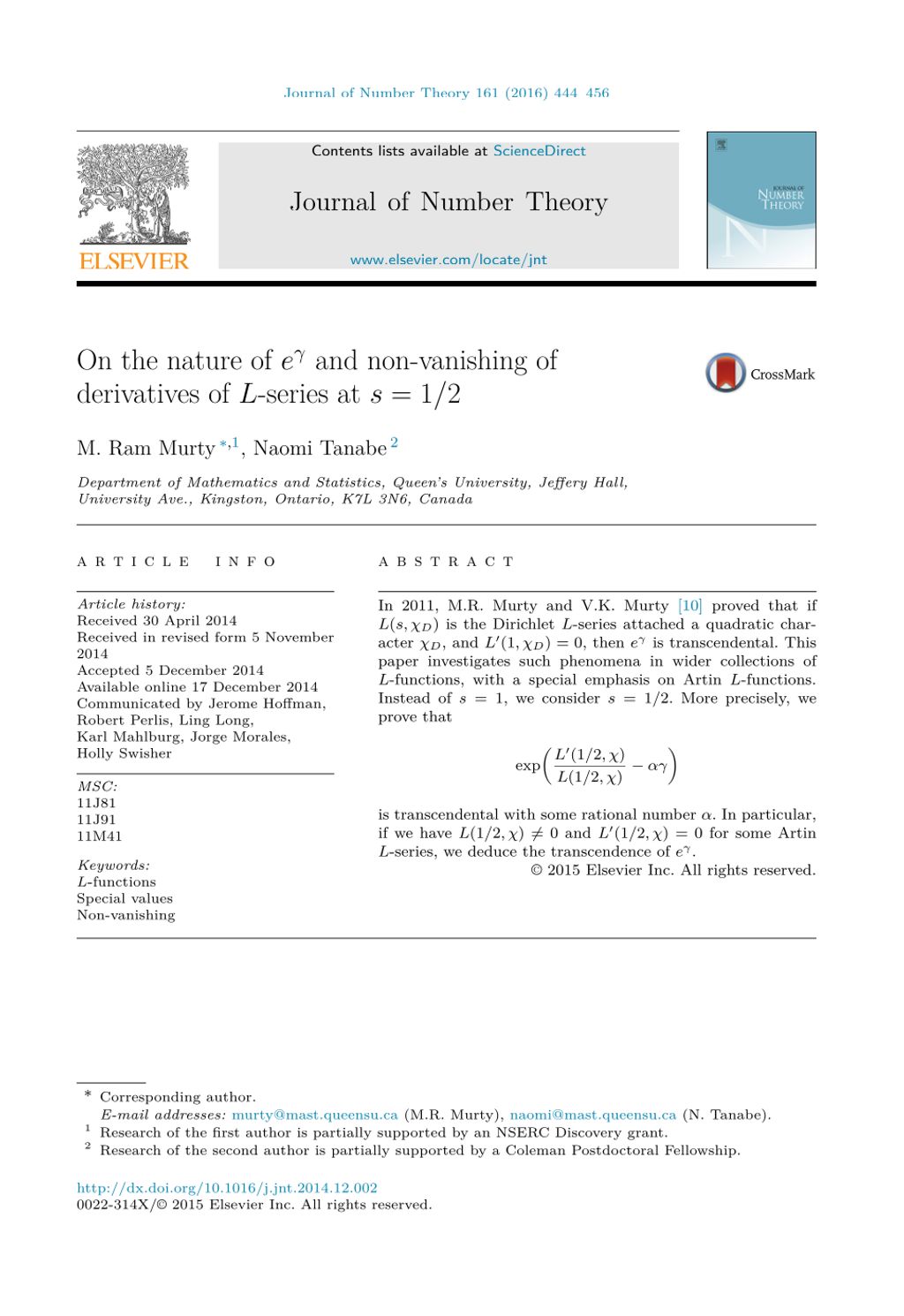 Miniature of On the nature of e<sup>γ</sup> and non-vanishing of derivatives of L-series at s=1/2