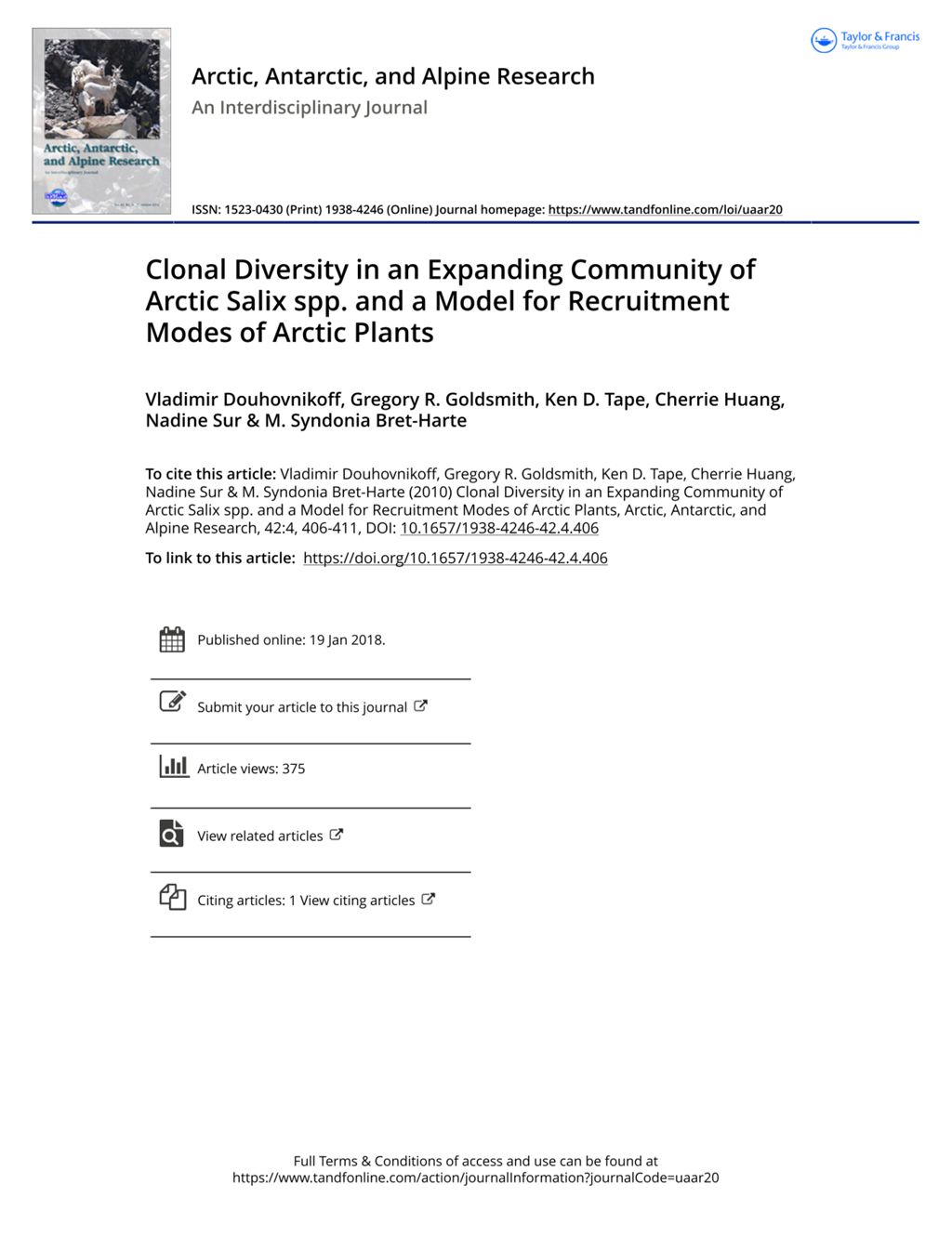 Miniature of Clonal diversity in an expanding community of Arctic Salix spp. and a model for recruitment modes of arctic plants