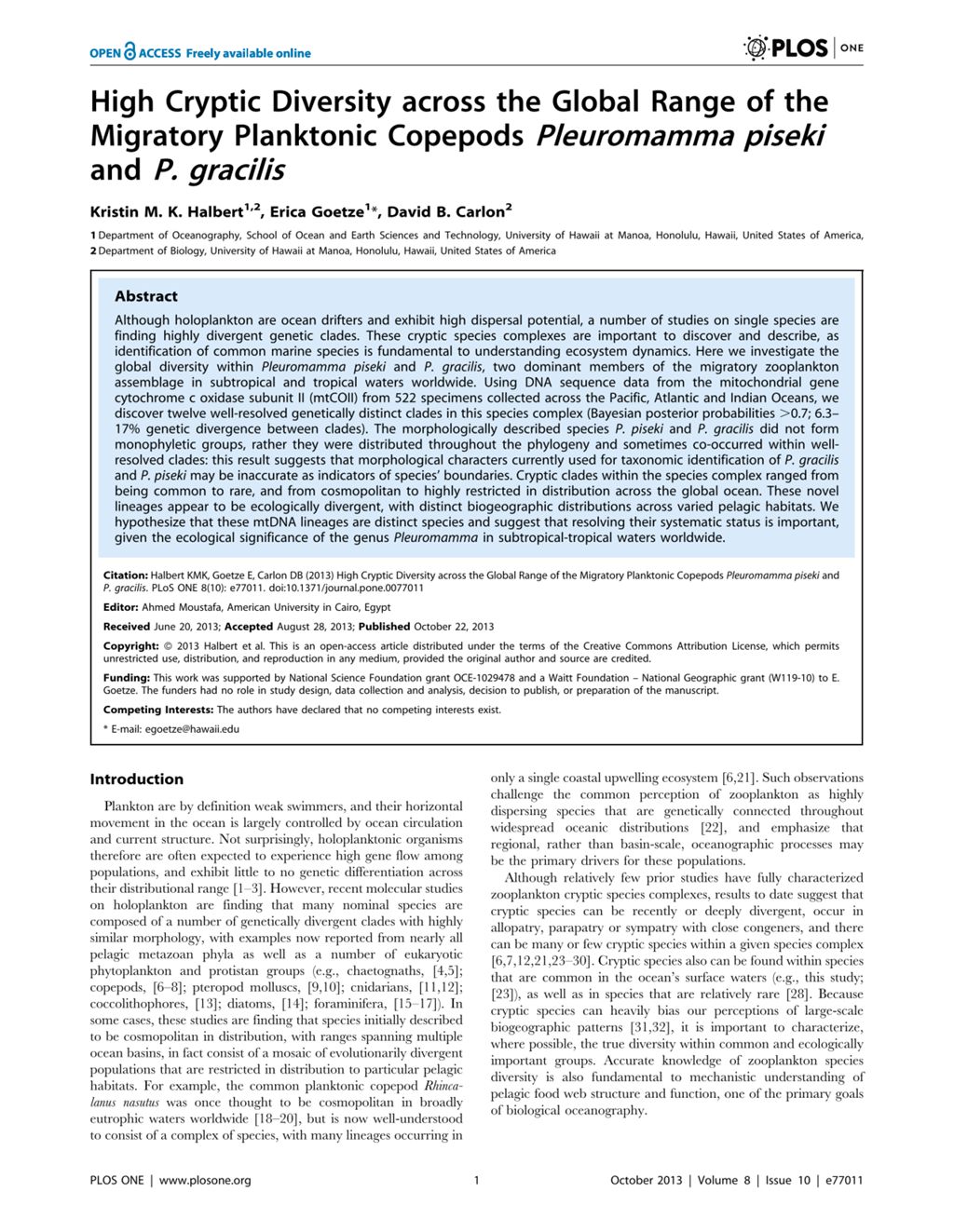 Miniature of High Cryptic Diversity across the Global Range of the Migratory Planktonic Copepods Pleuromamma piseki and P. gracilis