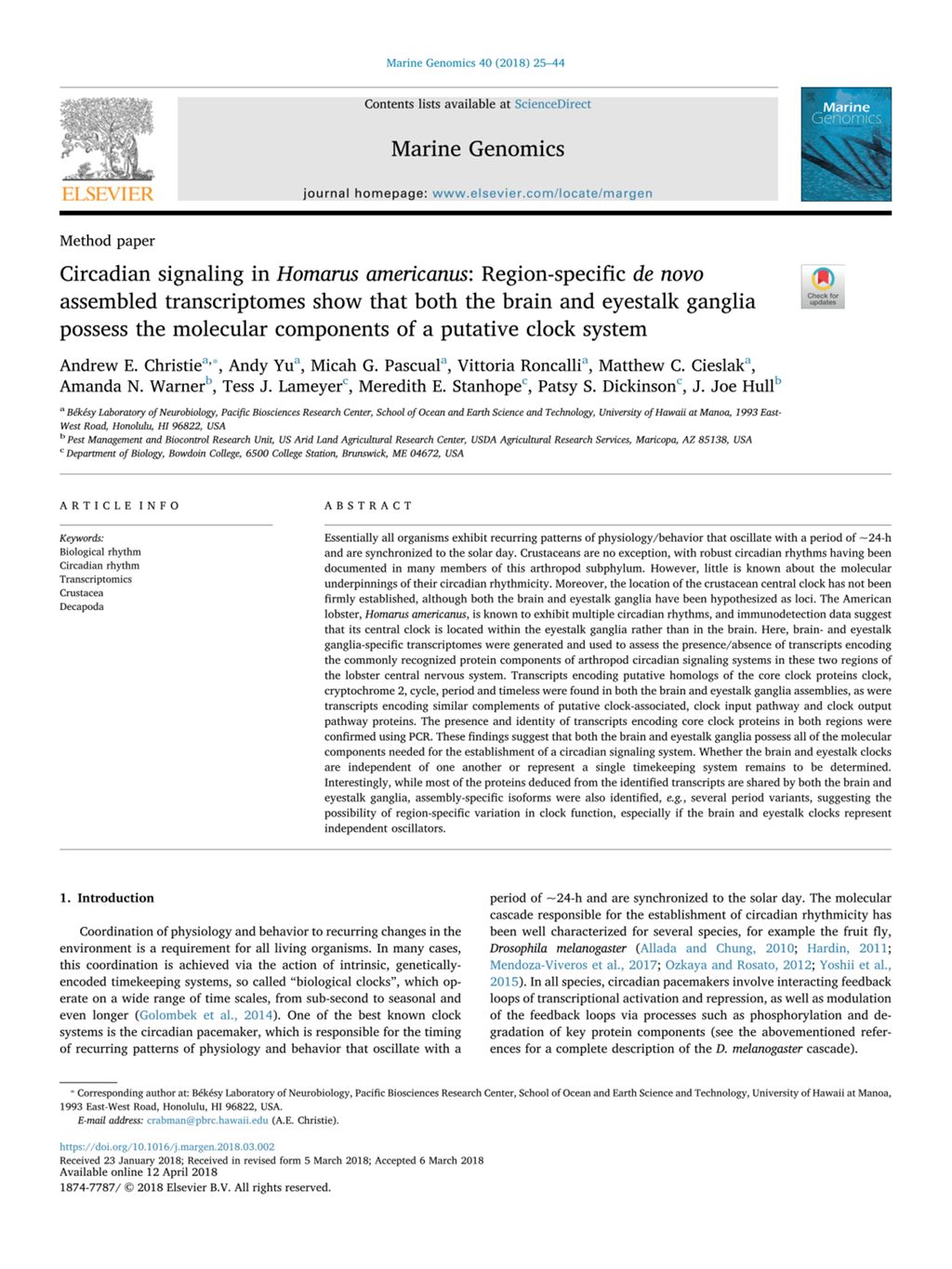 Miniature of Circadian signaling in Homarus americanus: Region-specific de novo assembled transcriptomes show that both the brain and eyestalk ganglia possess the molecular components of a putative clock system