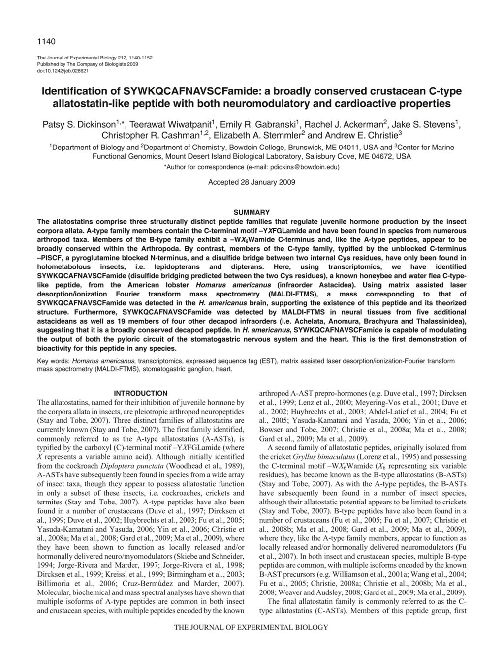 Miniature of Identification of SYWKQCAFNAVSCFamide: A broadly conserved crustacean C-type allatostatin-like peptide with both neuromodulatory and cardioactive properties