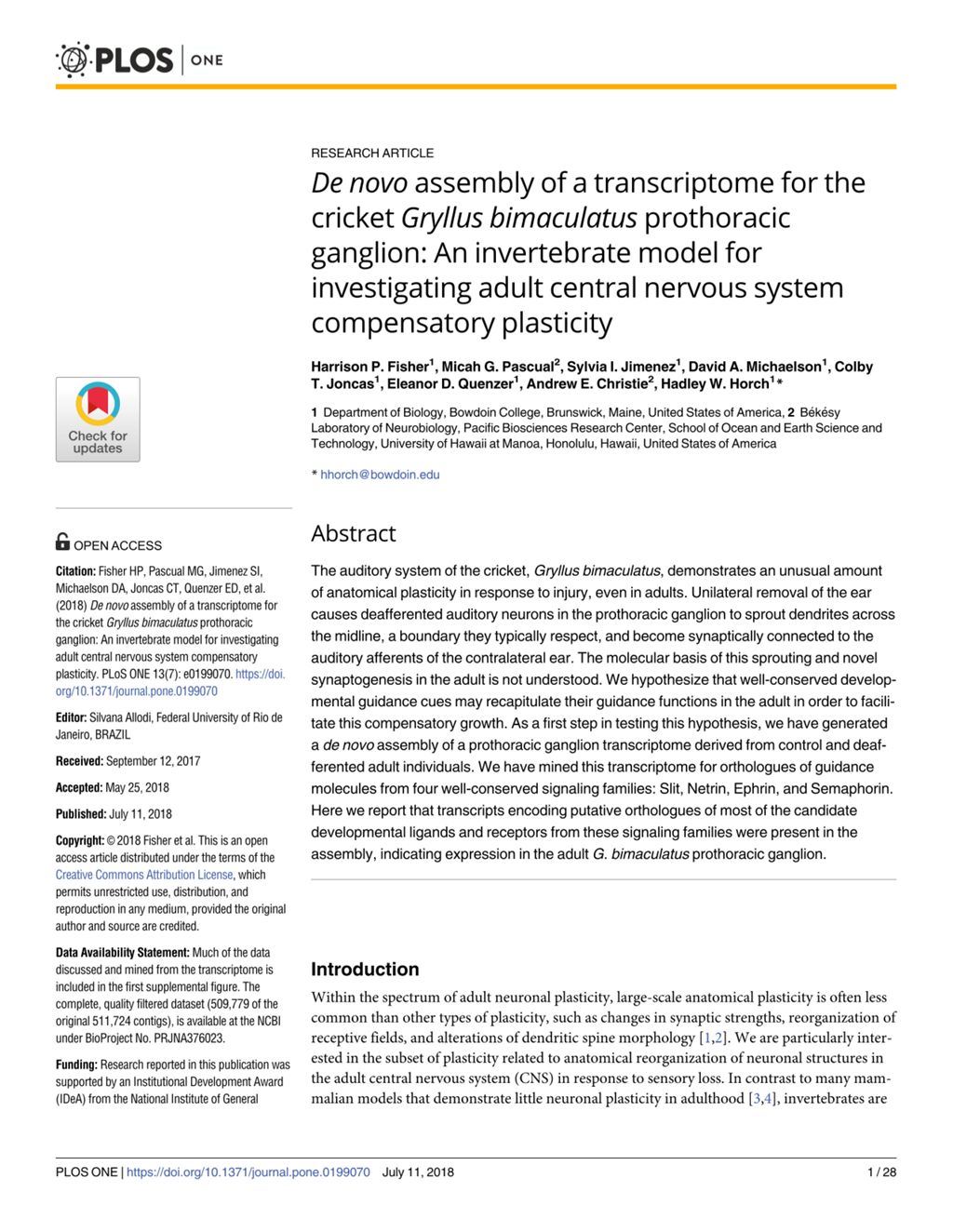 Miniature of De novo assembly of a transcriptome for the cricket Gryllus bimaculatus prothoracic ganglion: An invertebrate model for investigating adult central nervous system compensatory plasticity