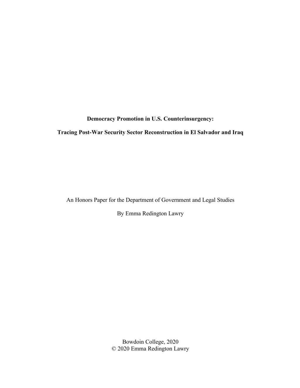 Miniature of Democracy Promotion in U.S. Counterinsurgency: Tracing Post-War Security Sector Reconstruction in El Salvador and Iraq